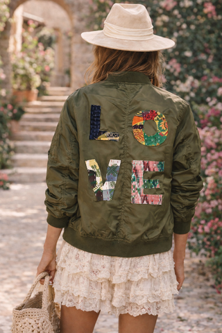 Love in the Wild Olive Patchwork Bomber Jacket for Women/Sinton, TX