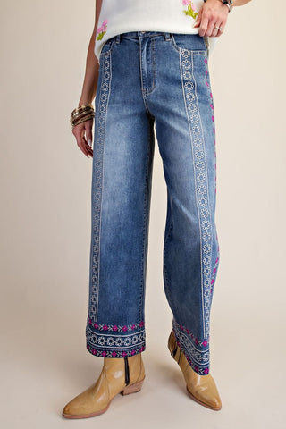 Wildflower Trails Embroidered Jeans | Floral Wide Leg Denim/Sinton, TX