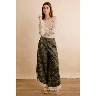 Camo & Charm Lace Trim Wide Leg Camouflage Pants