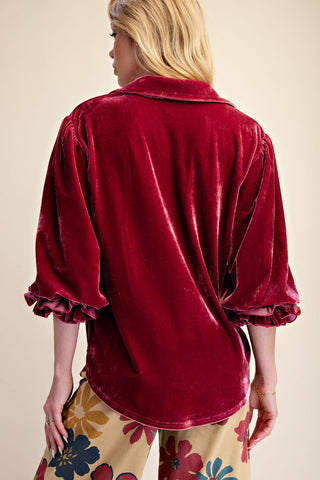 Velvet Envy Button-Down Balloon Sleeve Blouse