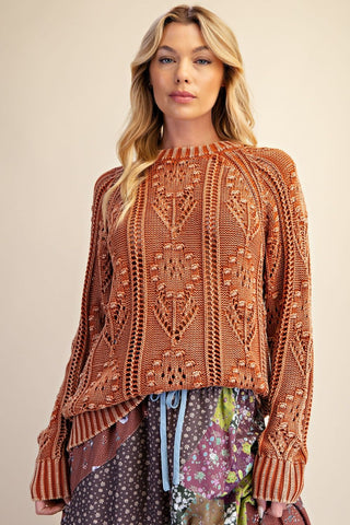 Rust Pointelle Knit Sweater | Boho Openwork Fall Sweater for Women/Sinton, TX
