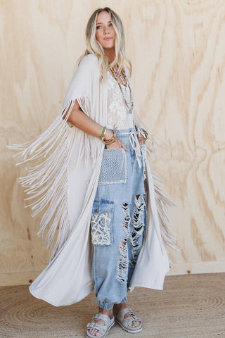 Moonlit Prairie Fringe Duster | Boho Western Maxi Layer/Sinton, TX