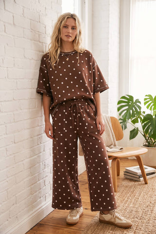 Women's Chocolate Polka Dot Two Piece Wide Leg Pants Set/Sinton, TX