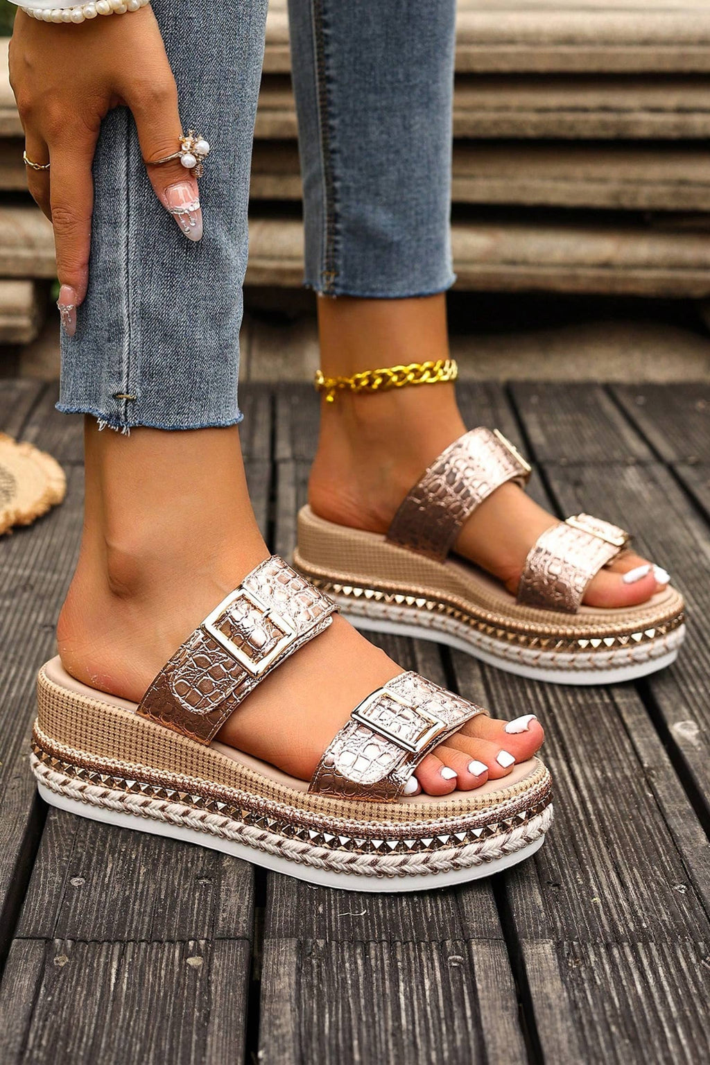 Bronzed Bliss Platform Slides
