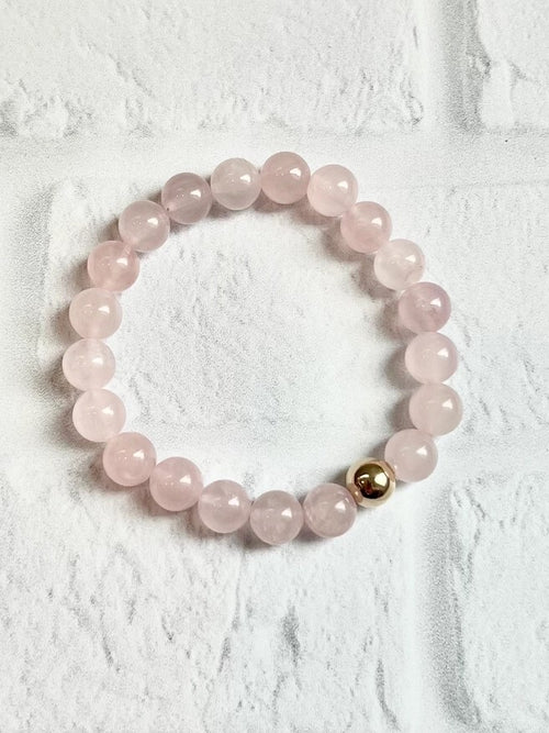 8mm Gemstone Beaded Bracelet with 18k Gold Disc: Pink Quartz