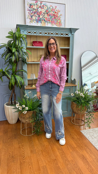 Wild Rose Revival Pink Embroidered Western Button-Down Top